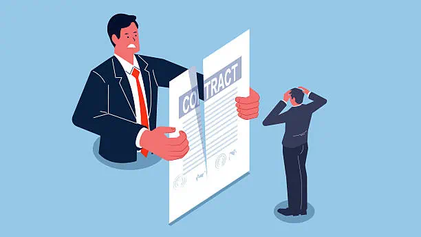 Tearing up a contract, termination of a cooperative agreement or contract, breakdown of a business relationship or partnership, etc. Distance angry businessmen watching each other tear up contracts