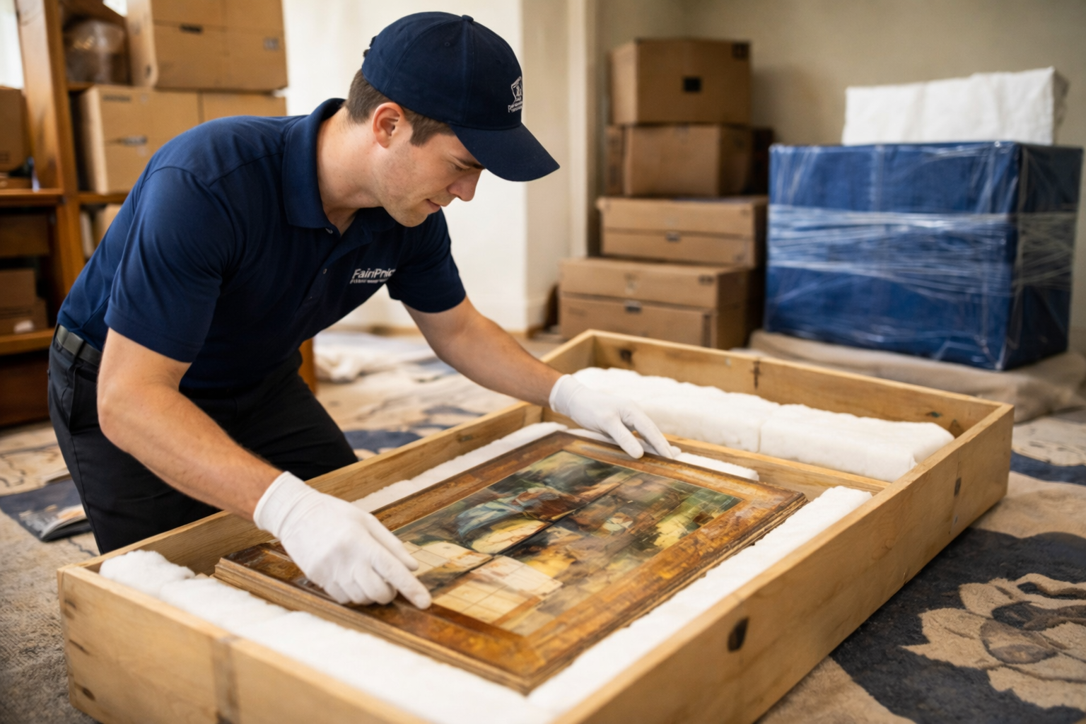 FairPrice Movers crew member packing expensive artwork into a padded wooden crate