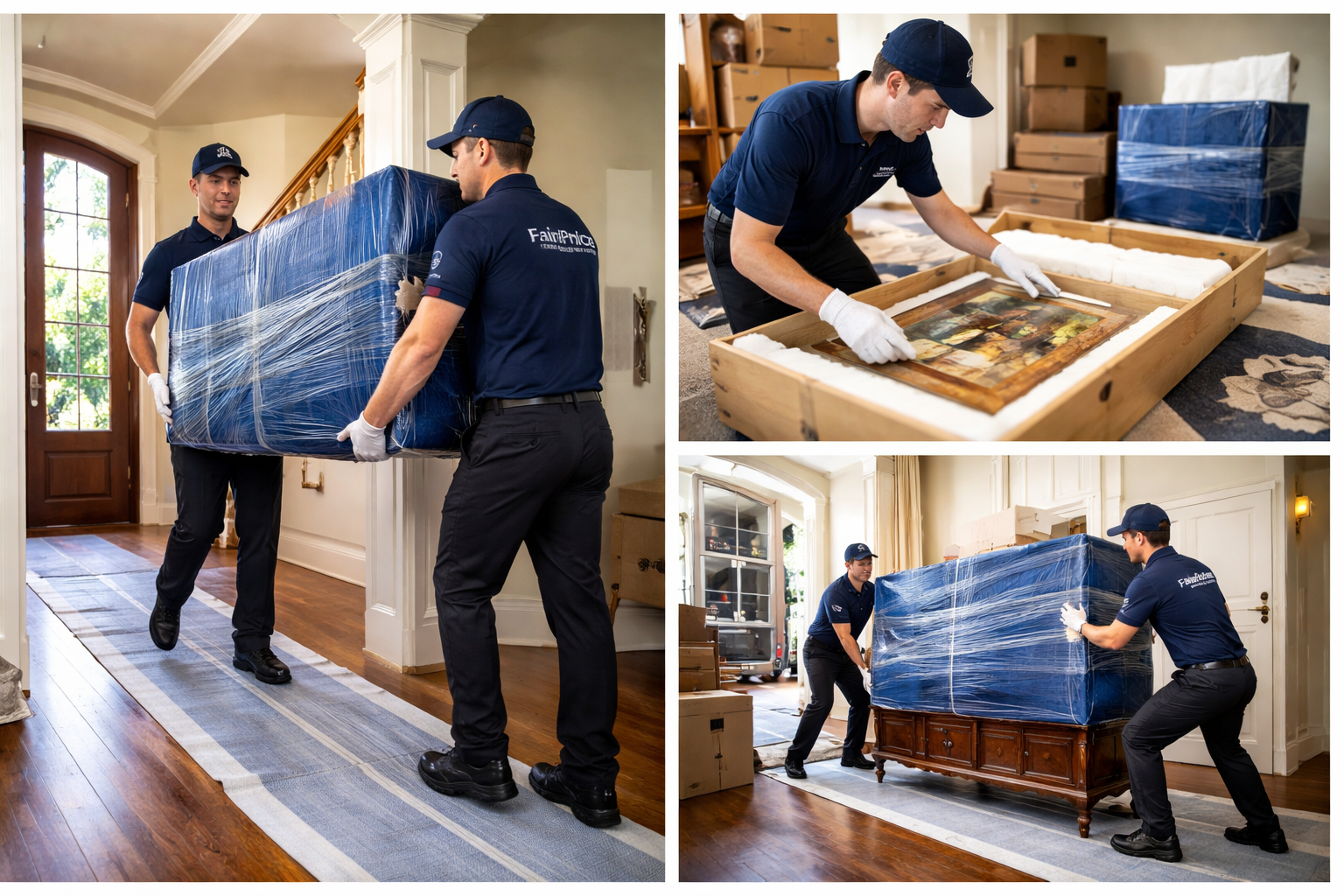 FairPrice Movers packing artwork, wrapping furniture, and protecting items for a move
