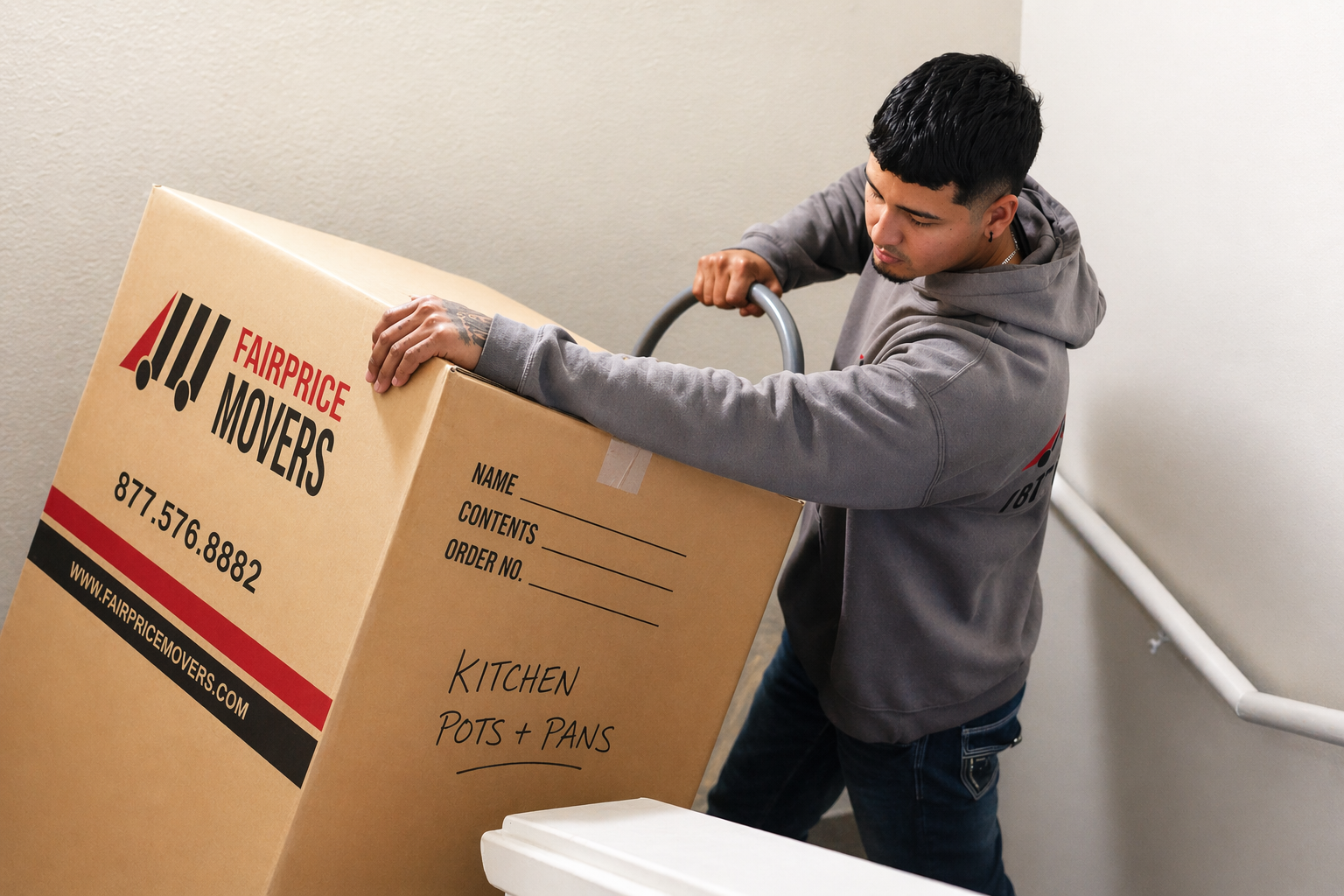 FairPrice Movers crew member moving boxes for San Jose local moving services
