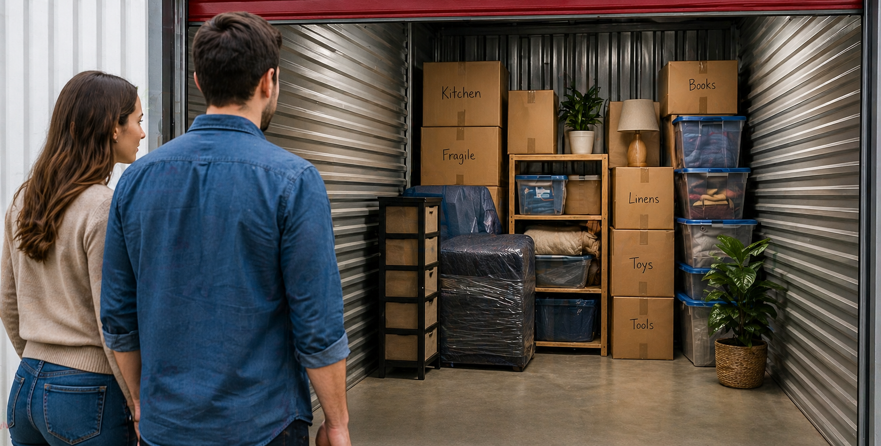 Couple reviewing belongings inside a storage unit during a San Jose move
