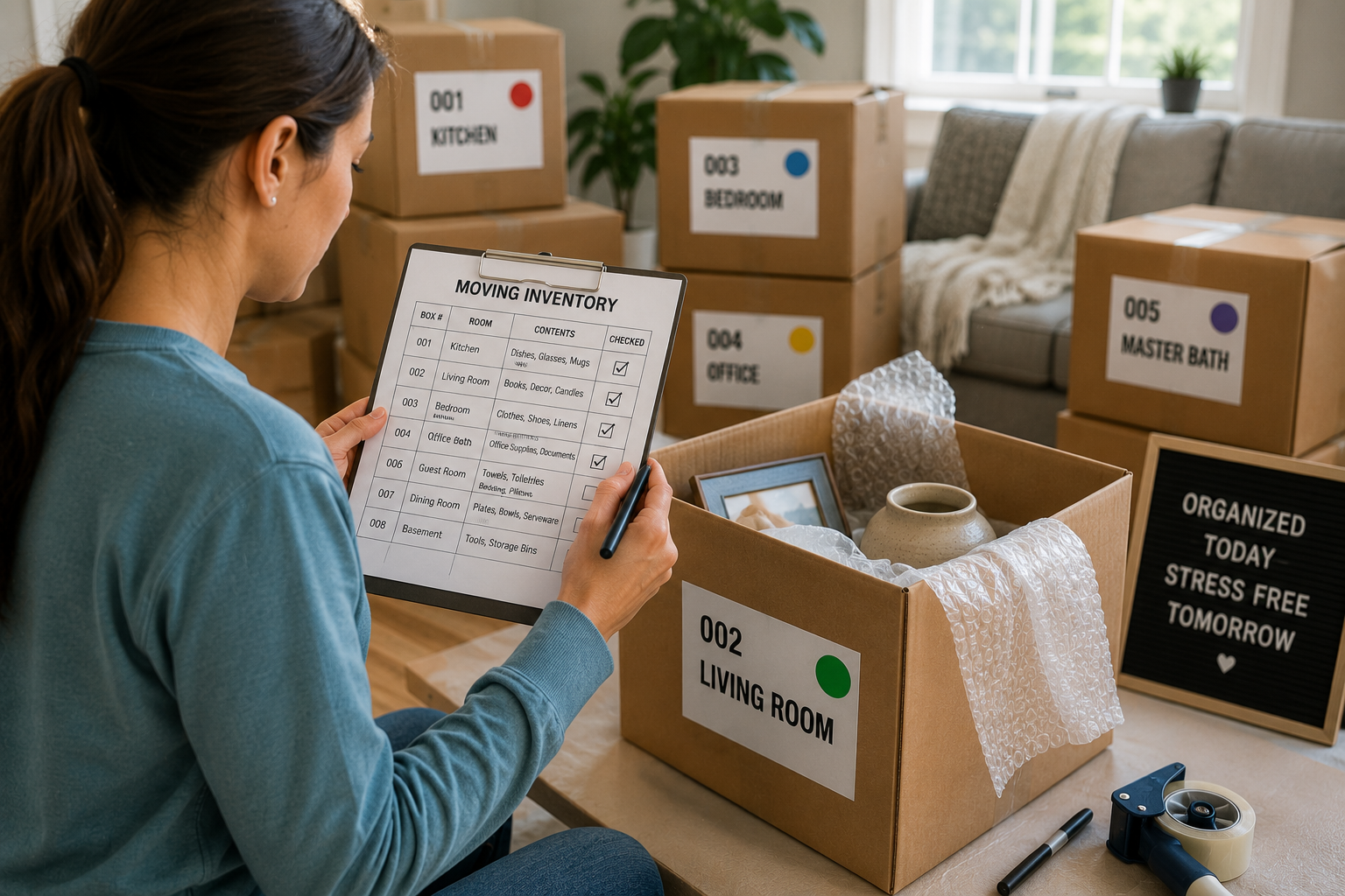 Homeowner reviewing inventory checklist for a long-distance move