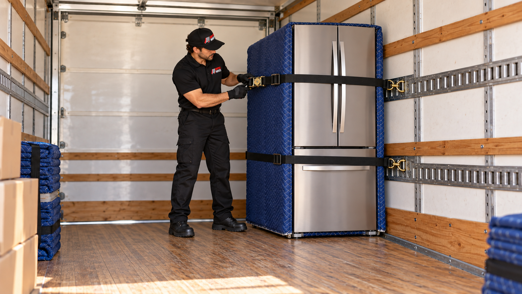 FairPrice Movers worker checking the restraints on an upright refrigerator inside a moving truck