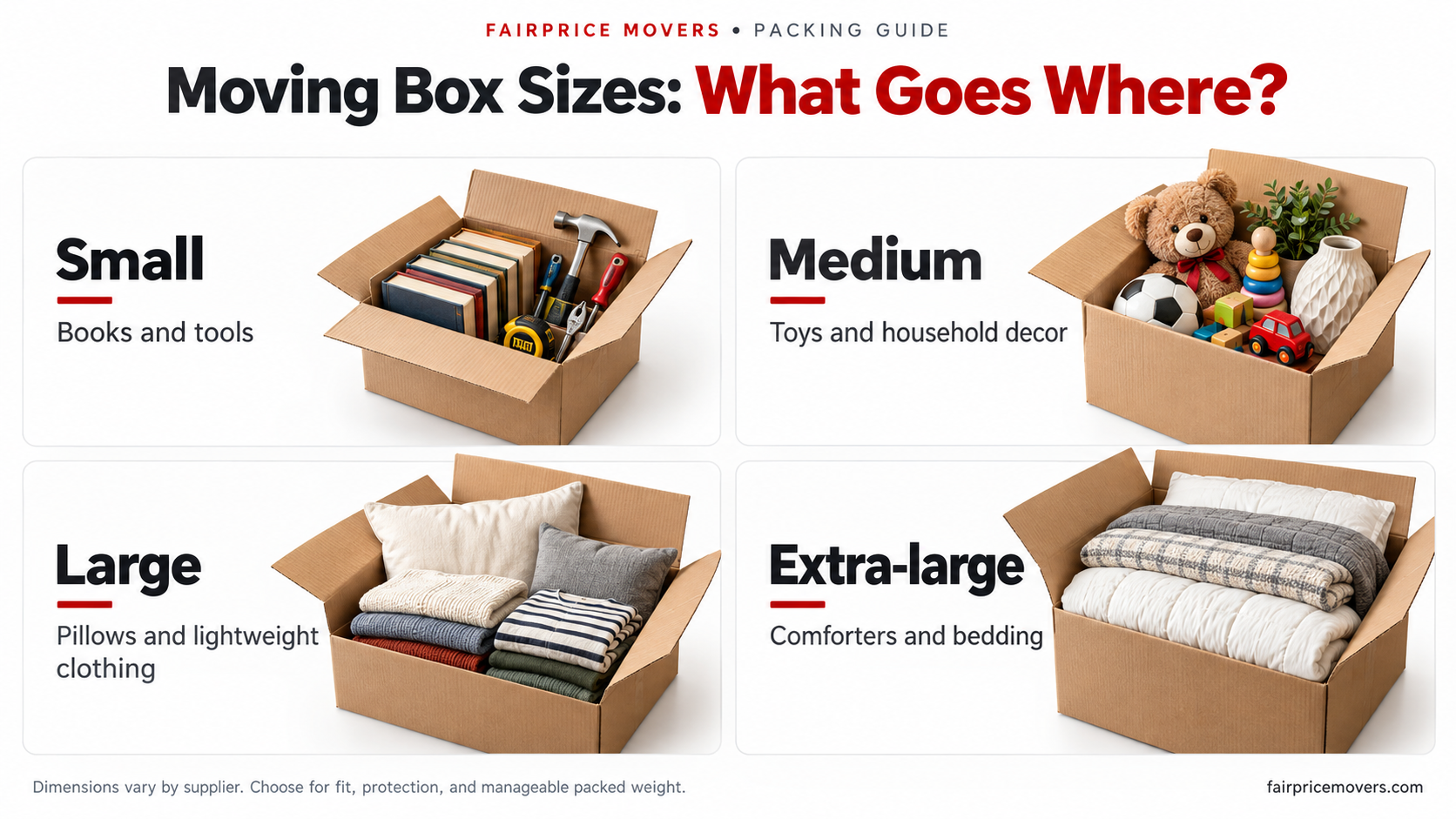 Moving box guide showing small boxes for books and tools, medium for toys and decor, large for pillows and clothing, and extra-large for bedding.